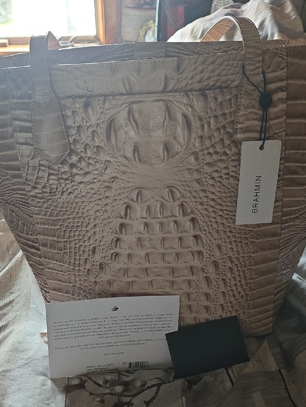 Brahmin Croc-Embossed Leather Tote in Light Taupe